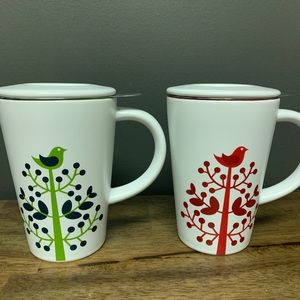 David's Tea cups red / green birds
